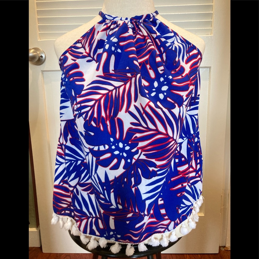 RED WHITE & BLUE HALTER PALM PRINT TOP SZ XS JAPNA